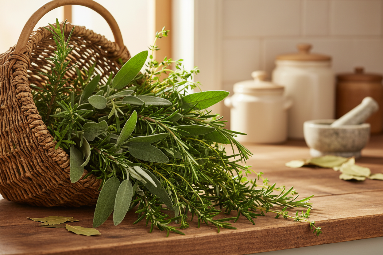 A basket overflowing with fresh herbs (rosemary, sage, thyme) sitting on a counter, representing the "seasonal" aspect of the bundles