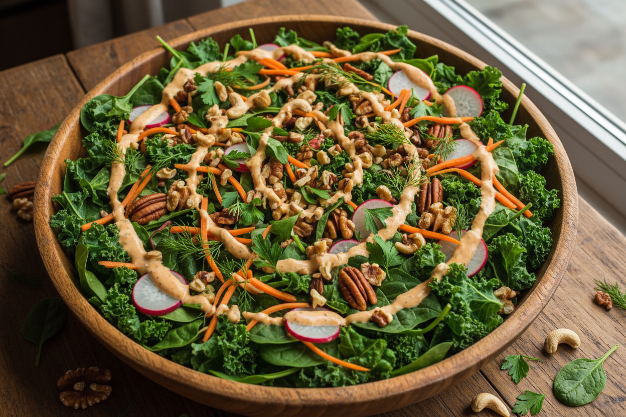A top-down view of a large salad bowl bursting with colors—dark leafy greens, radishes, carrots, and nuts—drizzled with a house-made dressing.