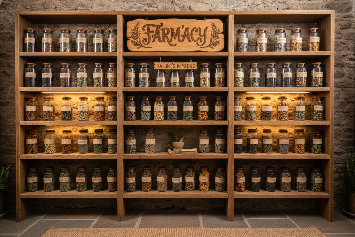 A wide shot of rustic wooden shelves lined with amber glass jars filled with dried herbs, roots, and flowers. Soft, warm lighting emphasizes the "Farm’acy" aesthetic.